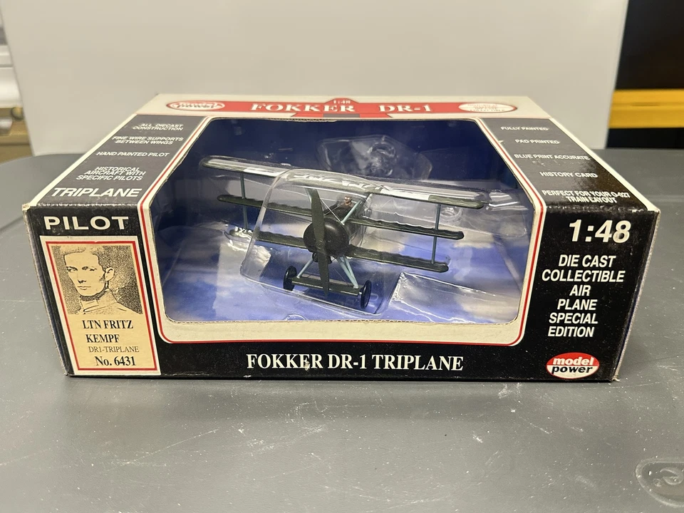 Model Power Fokker DR-1 Triplane 1:48 Diecast Airplane Kempf Pilot NIB Collectib - Image 1 of 4