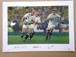 16x23" England 2003 Rugby World Cup print hand-signed by Dallaglio, Back & Hill