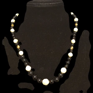 Vintage Black & White Gold Accents Art Deco Style Chunky Beaded Necklace - Picture 1 of 6