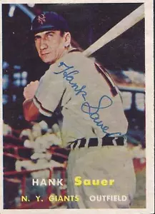 HANK SAUER NEW YORK GIANTS 1957 SIGNED AUTOGRAPH CARD W/COA - Imagen 1 de 1