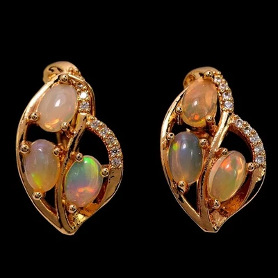 НАТУРАЛЬНЫЙ AAA RAINBOW ОПАЛ ОВАЛЬНЫЙ И БЕЛЫЙ CZ ЛАТУНИ ЖЕЛТОЕ ЗОЛОТО ПОКРЫТИЕМ СЕРЬГИ - Изображение 1 из 4