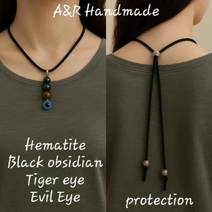 Evil Eye Pendant Necklace – Adjustable Black Suede Cord with Protection Stones - Picture 1 of 3