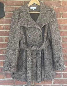 Calvin Klein Coat Size 12 Womens Tweed Double Breasted Belted Wool Blend Brown - Picture 1 of 15