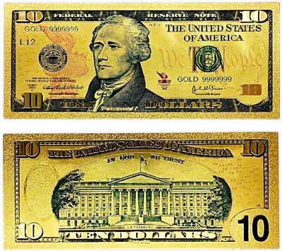 Gold-Plated $10 U.S. Dollar Banknote – PVC Novelity Collectible Souvenir Gift - Image 1 of 4
