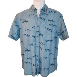 Chevignon Shirt Short Sleeve Mens Large Slim Fit Blue Fish Print Buttonup - Picture 1 of 9