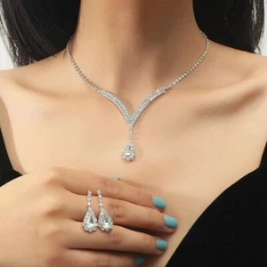 ELEGANT CLEAR RHINESTONE CRYSTAL NECKLACE EARRINGS SET BRIDAL, SILVER WHITE - Picture 1 of 12