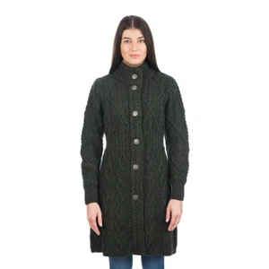SAOL Irish Merino Wool Aran Buttons Cardigan Sweater Women Cable Knit Long Coat - Picture 1 of 26