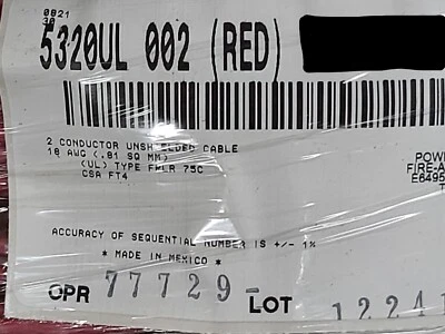 Belden Wire 5320UL 18/2C Solid Riser Fire Alarm Cable FPLR Red /100ft - Image 1 of 4