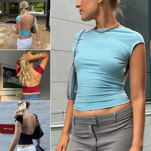 Women Sexy Short Sleeve Open Back Pullover Crop Tops Blouse Sport T-shirt Casual - Picture 1 of 25