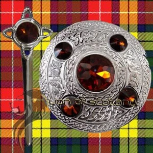 Scottish Kilt Fly Plaid Brooch Brown Stone Celtic Pin & Brooches Chrome 4" - Picture 1 of 3