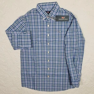 NWT Vineyard Vines Whale Shirt Boys L 16 Gilbert's Pond Plaid Bahama Breeze Blue - Picture 1 of 16