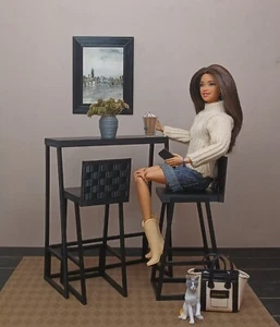 🌮JUEGO DE 2 TABURETES BAR NEGRO comedor COCINA muñeca MUEBLES escala 1/6 para BARBIE - Imagen 1 de 13