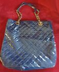 Blue plastic quilt look fully lined bad,gold metal chain/ring fittings,W15