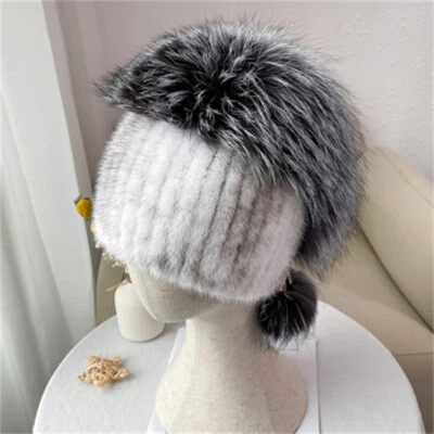 Sombrero de piel de visón real para mujer Gorra tejida Champiñón Calaveras Gorros cálidos Gorra al aire libre Foto 1 de 3