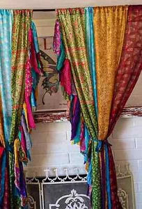 2 Pcs of Indian Curtain Saree Silk Curtain Sari Boho Curtain Gypsy Curtain Hippy - Picture 1 of 4