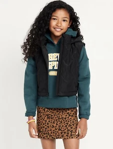 Old Navy Water Resistant Quilted Cropped Hooded Vest Girls Size XL Black - Picture 1 of 6