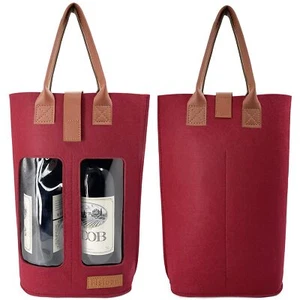 2 Bottle Double Wine Bag with Window Felt Wine Carrier Tote Bag with Handle R... - Afbeelding 1 van 8