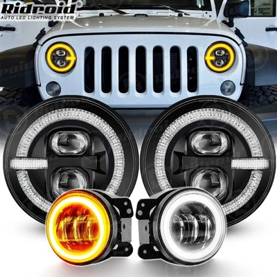 4X Faros LED halo de 7 pulgadas para Jeep Wrangler JK 2007-2018 + Juego de luces antiniebla de 4"" Foto 1 de 4