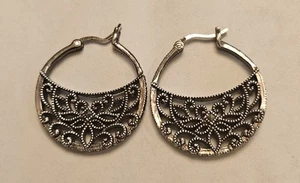 Oxidierte 925 Sterling Silber Markasiten Creolen mit filigraner Arbeit - Bild 1 von 6