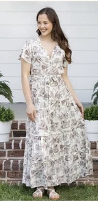 Cloth And Portrait  L Large Tiered Ruffled Safari Animal Print Maxi Dress Button - Picture 1 of 7