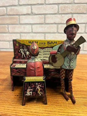 Juguete de cuerda litográfico de hojalata Ferdinand Strauss Ham and Sam, the Minstrel Team de colección Foto 1 de 4