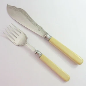 Antique Rattray Allen & Darwin Silverplate Faux Bone Handled Fish Eaters/Servers - Foto 1 di 8
