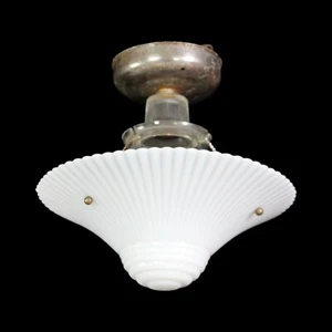 1940s Art Deco Ribbed Iridescent Glass Dish Flush Mount Light - Picture 1 of 10