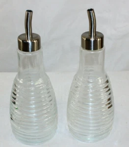 Oil and Vinegar Bottle Set of 2 Vintage Glass Bottles Round Ringed 8" tall - Picture 1 of 3