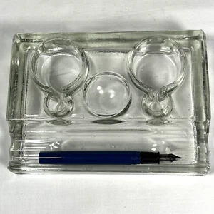 Vintage Glass DOUBLE Inkwell & Fountain Pen Holder - Picture 1 of 8