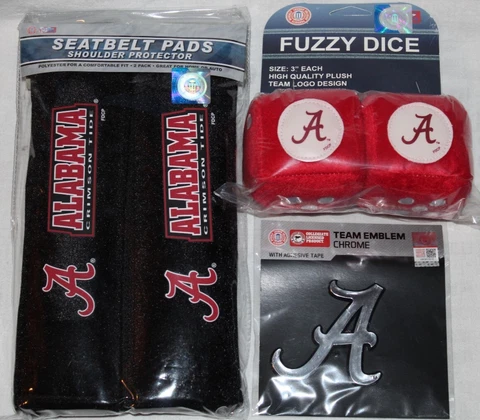 Alabama Crimson Tide Auto Gift Set-Seat Belt Pads-Chrome Emblem-Fuzzy Dice- NEW Cover