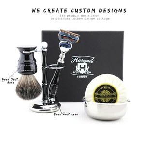 Personalizado Negro Regalo Afeitado Kit Set 5 Borde Cuchilla Cepillo Stand Tazón - Picture 1 of 3