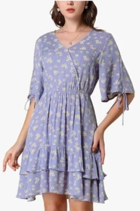 Allegra K Lavender Size M Floral Dress Short Sleeve Tie Tiered Daisy - Picture 1 of 15