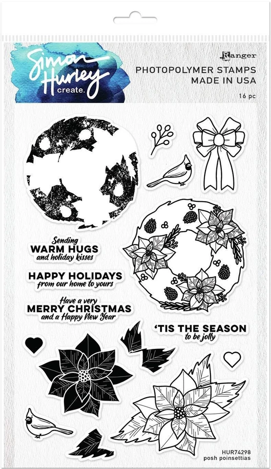 Simon Hurley Stamps Posh Poinsettias wreath Foliage Bow Birds Hearts Sentiments - Image 1 of 1