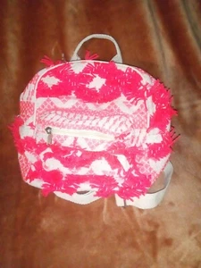 NEW Mini Backpack Purse Travel Bag Neon Pink & Linen Canvas Fabric Zip Closure - Picture 1 of 3