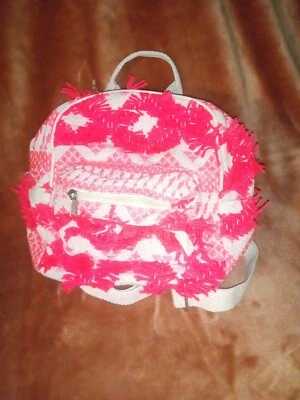 NEW Mini Backpack Purse Travel Bag Neon Pink & Linen Canvas Fabric Zip Closure - Image 1 of 3