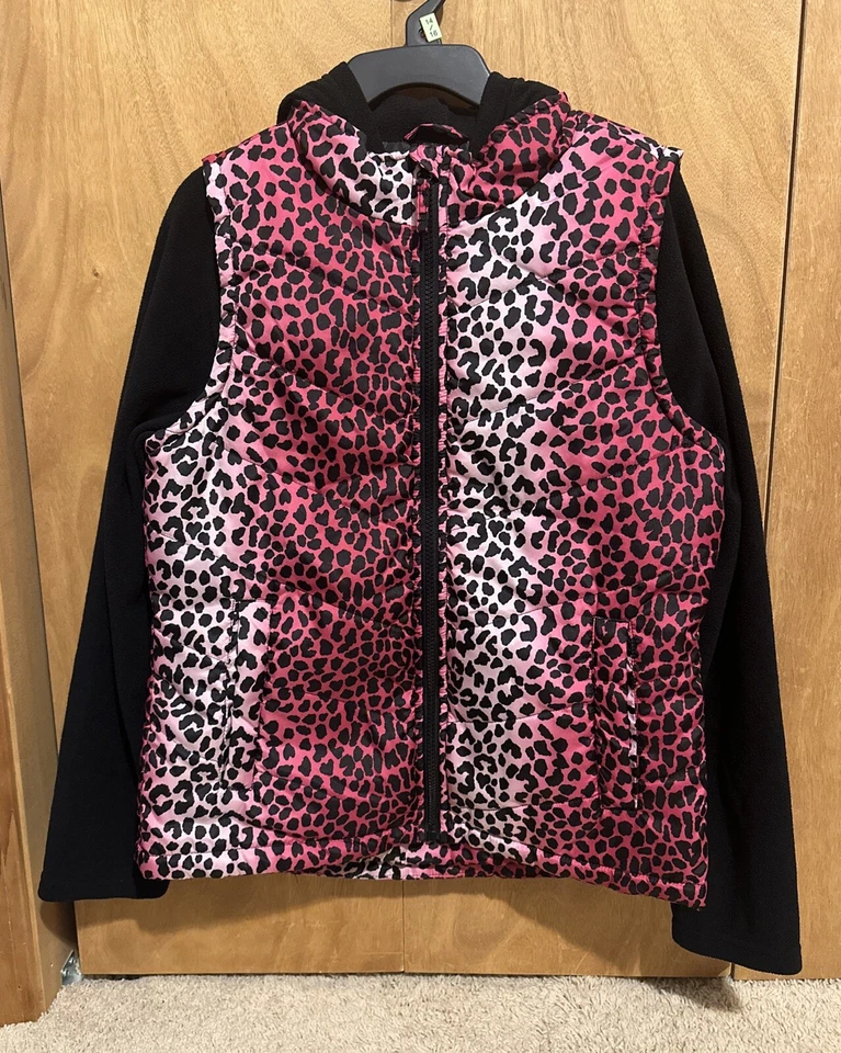 Athletech 女孩 14/16 码粉色猎豹印花连帽夹克 — 第 1/3 张图片