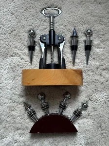 Corkscrew & Bottle Stoppers Set On Wooden Block + Extra Stoppers Wine Bar Pub - Picture 1 of 10