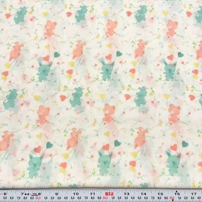 Vintage Bears Bunnies & Heart Balloons Cotton Blend Fabric by the HALF YARD - Image 1 of 3