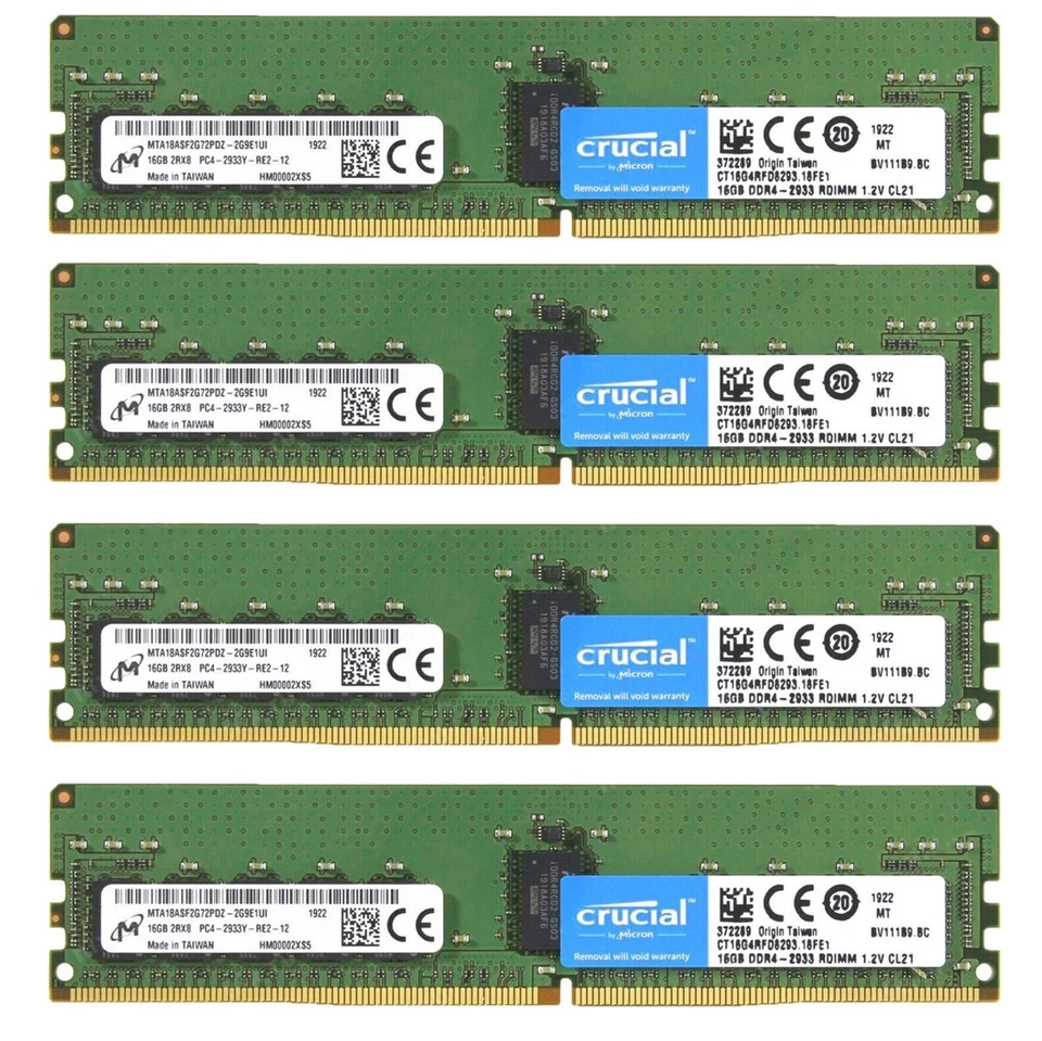 Crucial 64GB (4X 16GB) DDR4 2933MHz PC4-23400 ECC Registered Ram CT16G4RFD8293 - Image 1 of 4