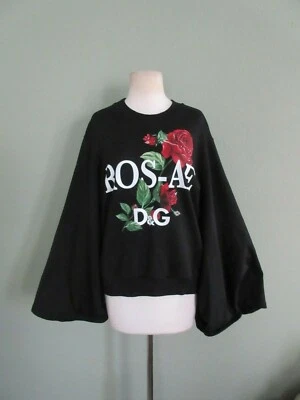 DOLCE & GABBANA Negro Algodón Rosa Estampado Drapeado Ala de Murciélago Manga Suéter 38 Foto 1 de 4