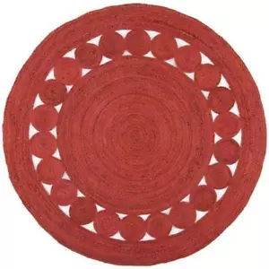 Jute Rug Round Red Circle Design Farmhouse Area Rug Rustic Look Rug Boho Rug - Picture 1 of 6