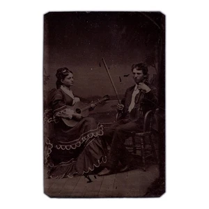 Musician Couple Performing By the Sea - Antique Tintype Photo - Guitar & Violin - Picture 1 of 2
