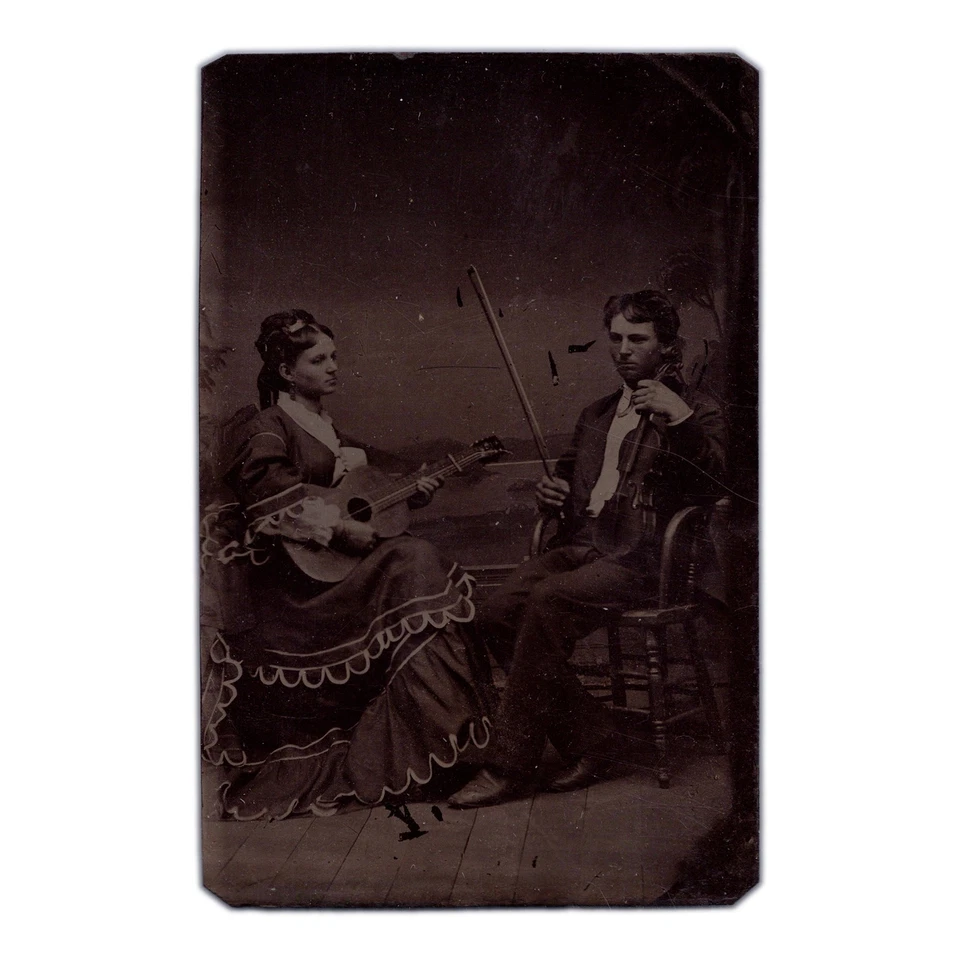 Musician Couple Performing By the Sea - Antique Tintype Photo - Guitar & Violin - Image 1 of 2