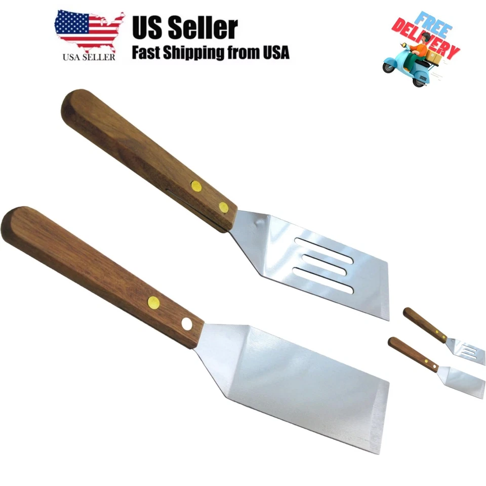 Set of 2 Stainless Steel Mini Cookie Spatulas Wood Handle Slotted Blade C4465