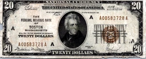 1929 $20 Federal Reserve Banknote (Boston) Fine Fr. 1870A SN A00583728A - Picture 1 of 3