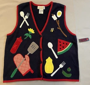 Vintage Summer Sweater Vest Cook Out Grilling Bbq Theme S’mores Mandal Bay L - Picture 1 of 12