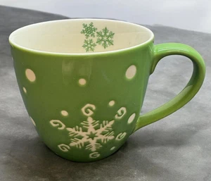 Starbucks Coffee Mug Hand Painted Stoneware Green Snowflakes Microwave Safe 16oz - Picture 1 of 12