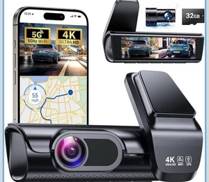K600 4K Car Dash Cam – Dual Lens, GPS, WiFi App, Night Vision, HDR, 32GB - Picture 1 of 6