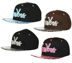 R C NY New York SNAPBACK Snakeskin Flat Peak Cap Snap Back Faux Snake Skin - Picture 1 of 5