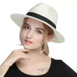 2 Sizes Unisex Adults Men Women Straw Panama Hats Wide Brim Caps Summer Sunhat - Picture 1 of 18